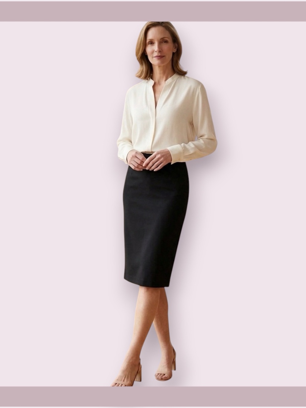 Vince. Cream Silk Half Placket Long Sleeve Blouse